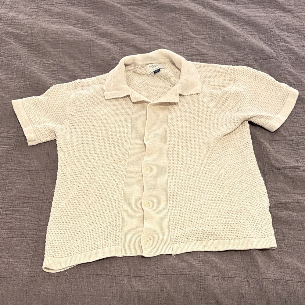 Men's Cream Short Sleeve Sweater Button Down